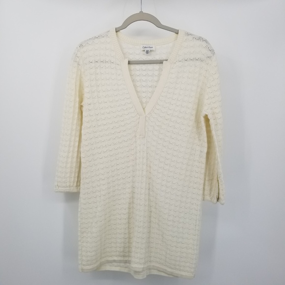 Calvin Klein V-Neck Long Tunic Sweater Cotton Wool - Picture 7 of 8